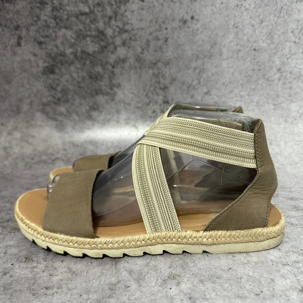 Sorel Ella II Sandal Womens 8 Khaki II Crisscross Elastic Strap Suede Espadrille